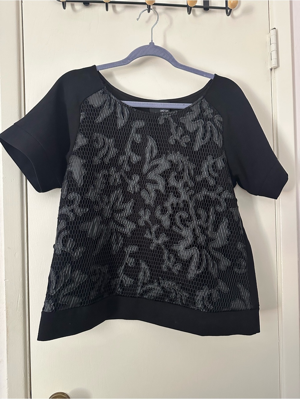 Greylin Black Textured Floral Mesh Top Size M. Great Fall Top